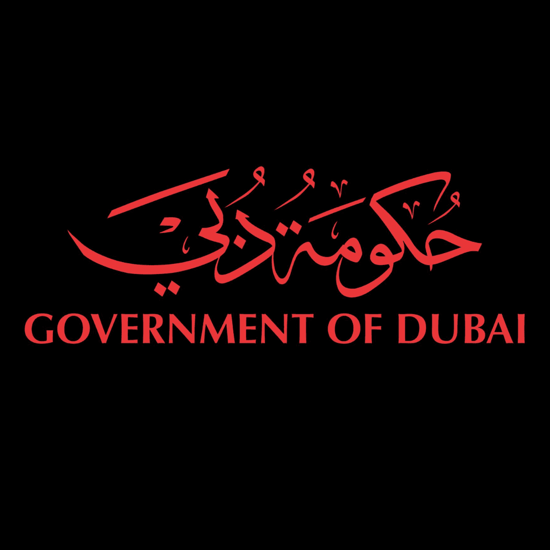 Logo of the Government of Dubai with red Arabic and English text on a black background.