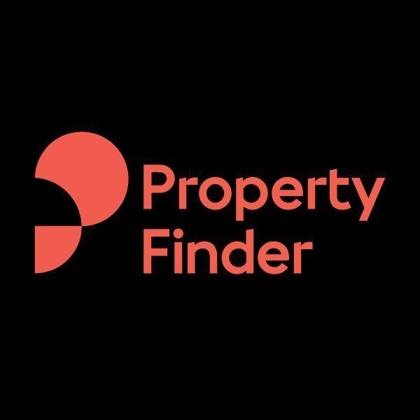 Logo of Property Finder with red abstract design on a black background.