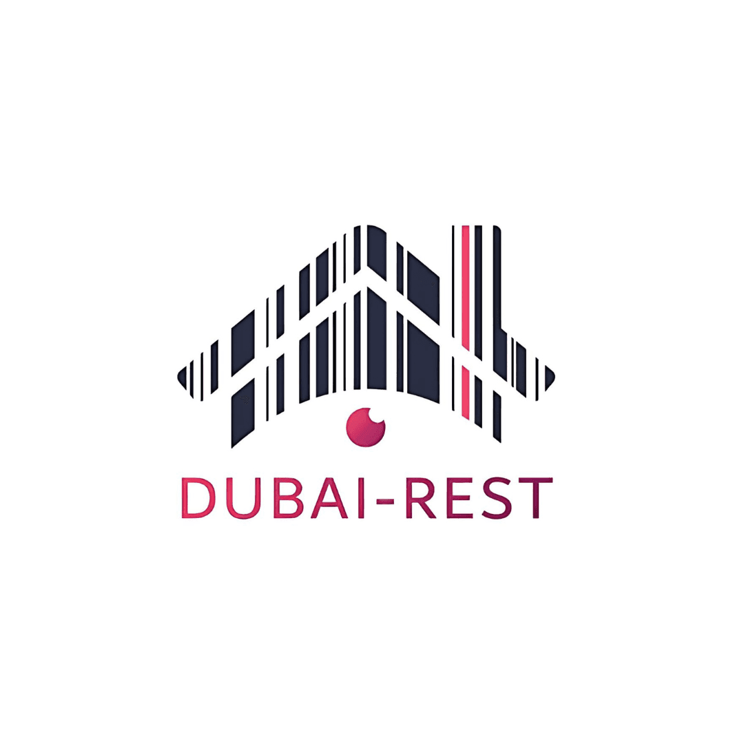 Dubai-Rest logo with barcode elements forming a house shape and text below.