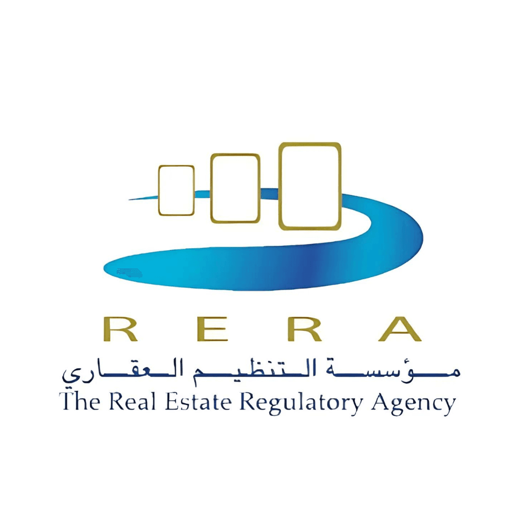 Logo of The Real Estate Regulatory Agency with abstract blue and gold design elements and bilingual text.