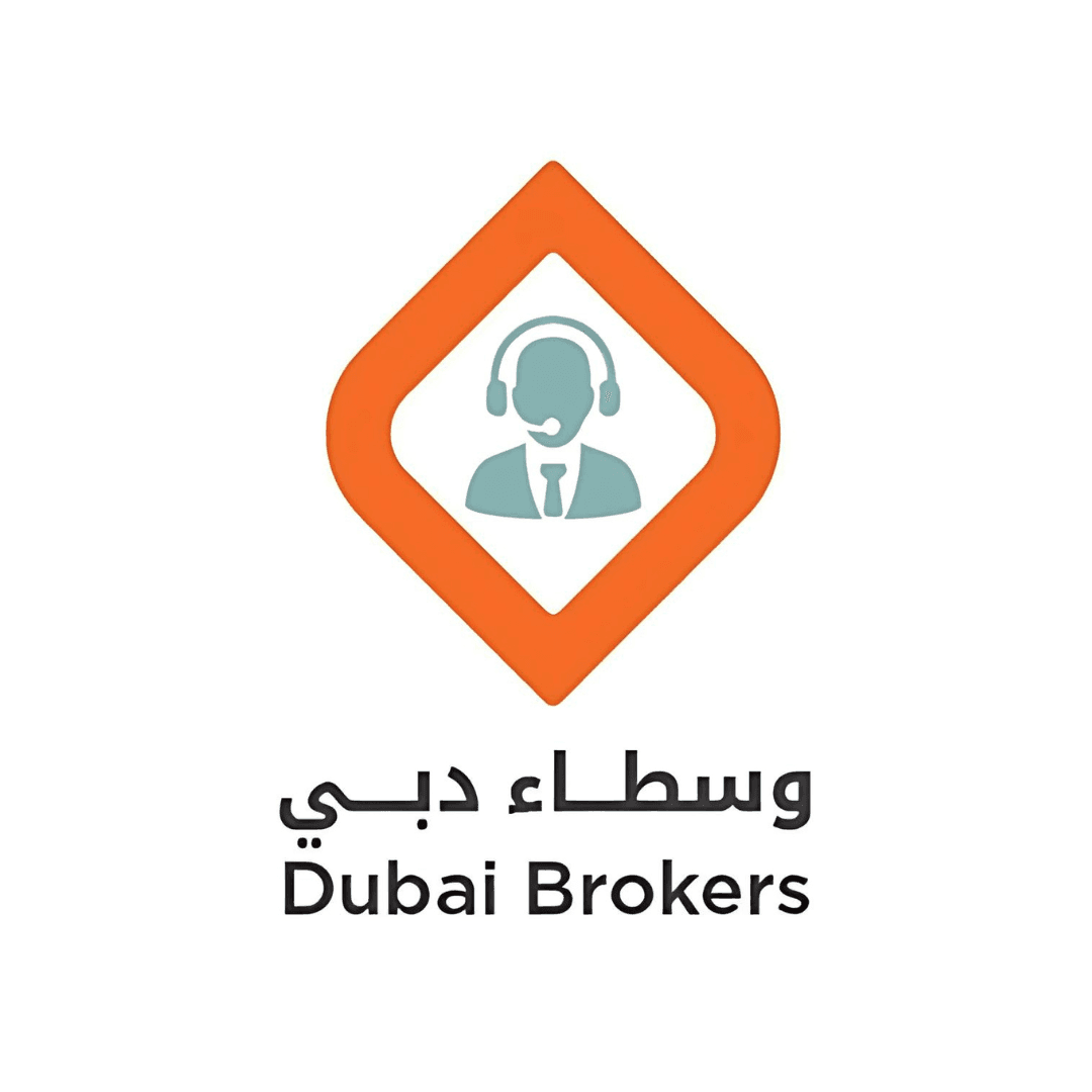 Logo of Dubai Brokers featuring a person with a headset inside an orange diamond shape.