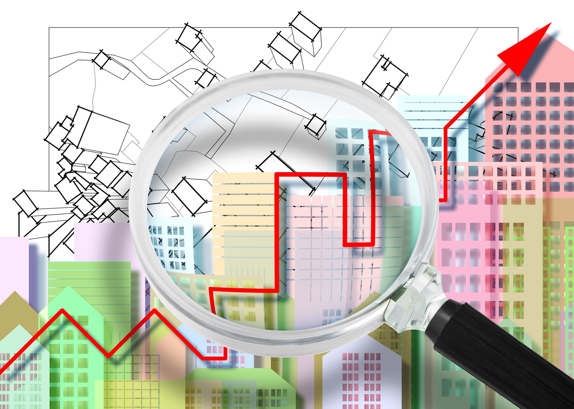 Exploring real estate market dynamics - Concept with cityscape, rising graph and cadastral map